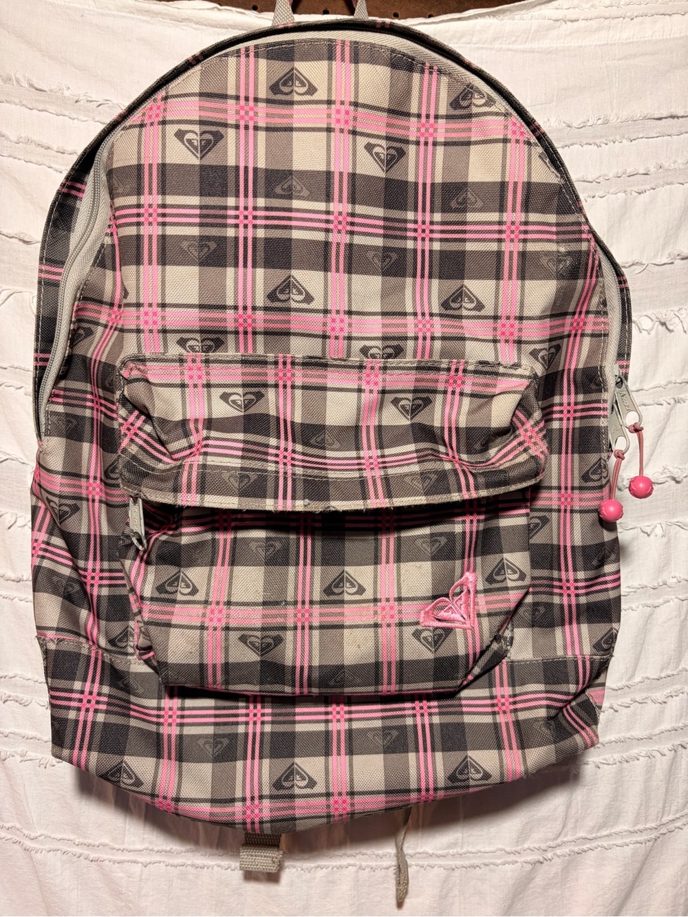 Roxy grey & pink plaid backpack 2000's